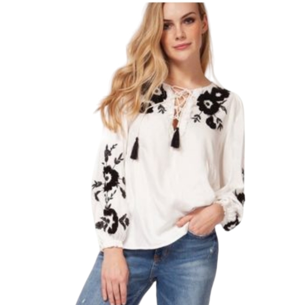 Zara Top M Contrast Embroidery Babydoll Boho Lace Front Bohemian Cottagecore